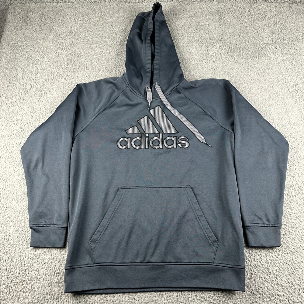 Adidas Hoodie Mens Large Gray Fleece Lined Pullover Sweatshirt Long Sleeve